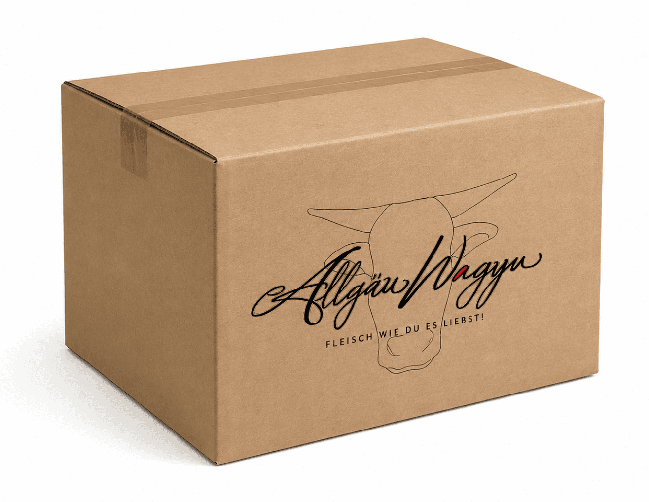Geschlossener Allgäu Wagyu Versandkarton mit Logo, versandbereit